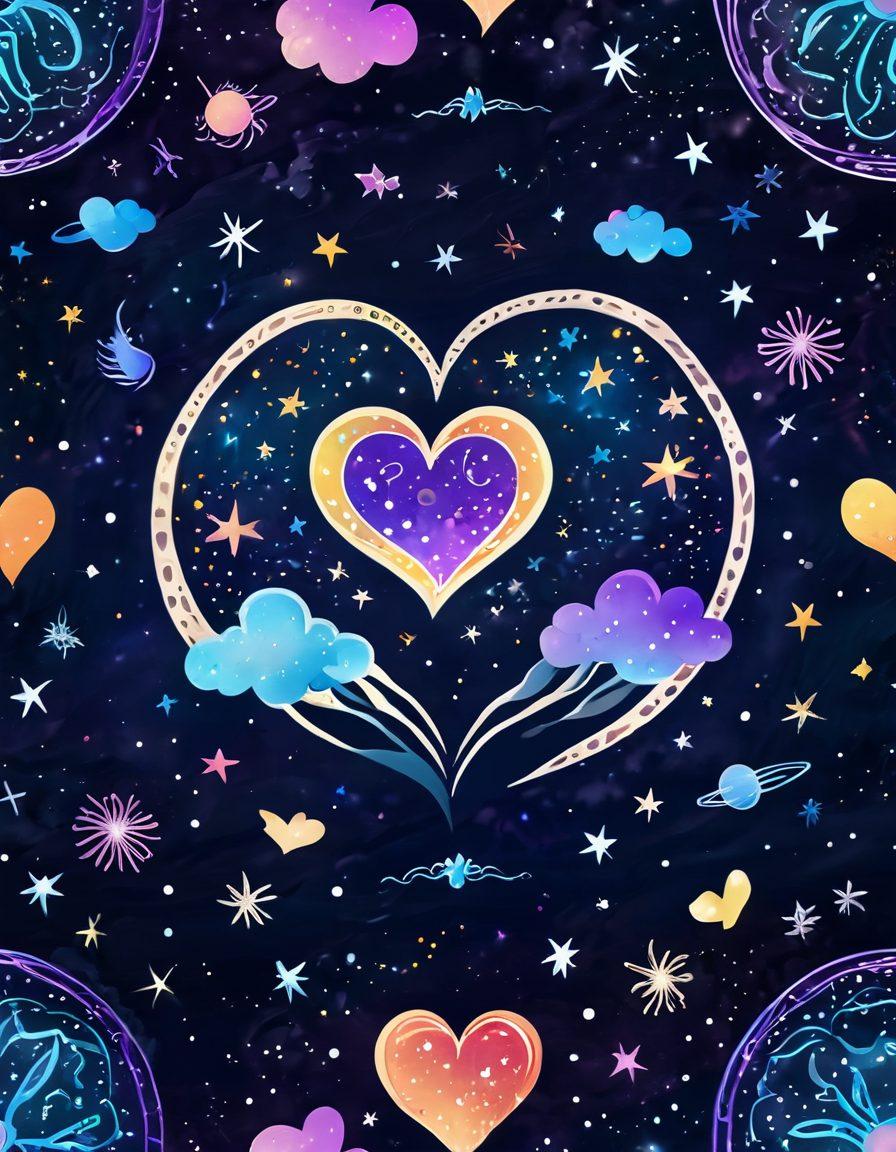 A celestial scene featuring astrological symbols intertwined with hearts, against a starry night sky. Each zodiac sign is artistically represented as glowing constellations, radiating energy towards a central glowing heart representing love. Ethereal wisps of colorful nebulae surround the symbols, creating a sense of cosmic unity. This ethereal vibe and harmonious alignment symbolize astrological love compatibility. vibrant colors. cosmic theme. digital art.