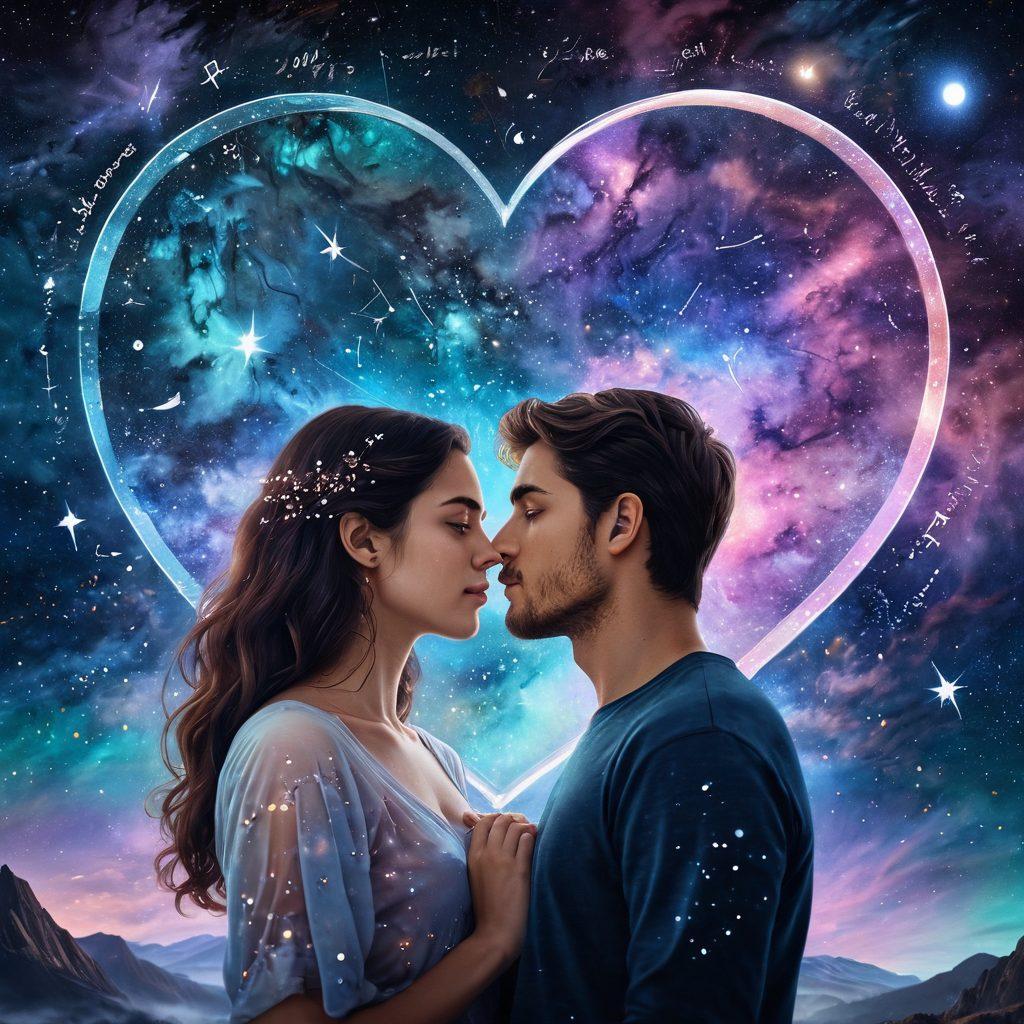 A cosmic scene depicting a starry night sky filled with constellations and zodiac symbols intertwined with ethereal heart shapes. Below, a couple is seen gazing up, with glowing star maps illuminating their faces, symbolizing their connection. Soft nebula colors blend in the background, creating a mystical atmosphere that conveys the theme of love and astrology. super-realistic. vibrant colors. cosmic theme.