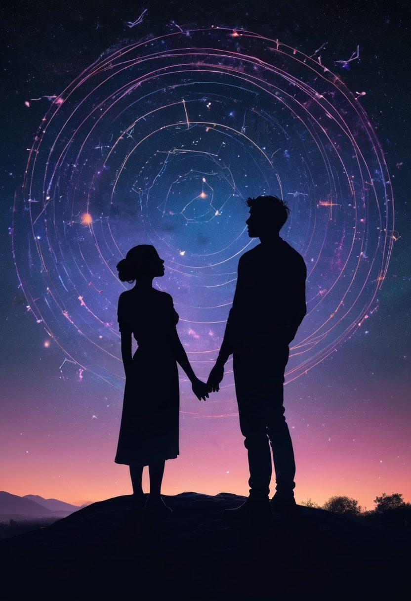 A mystical night sky filled with vibrant zodiac constellations interwoven with glowing lines representing emotional connections. Below, silhouettes of two diverse individuals gazing at the stars, symbolizing personal growth through compatibility. Floating symbols of emotions like love and understanding subtly blend into the cosmos. A soft, ethereal glow illuminates the scene. cosmic, super-realistic, vibrant colors.